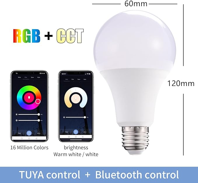 Smart LED Light Bulb, RGB+CCT, WiFi & Bluetooth Control, 16M Colors, Compatible with Alexa & Google Home, Color Changing, Music Sync, 15W, 850 Lumens
