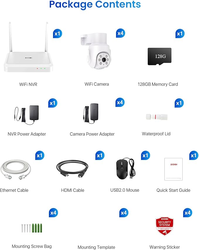 ZOSI 8 Channel 3K Wi-Fi 6 Security Camera System with 128G Memory Card for 24/7 Record, 4 x 5MP Pan Tilt WiFi Camera with Auto Tracking, Color Night Vision, Plug-in, AI Person Detect, 2-Way Audio