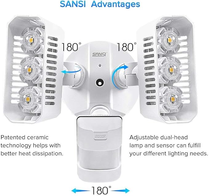 SANSI LED Outdoor Motion-Activated Security Lights, 27W (200W Equiv.) 2700lm, 5000K Daylight, Waterproof Flood Light with Adjustable Head, 5 Year Warranty, White