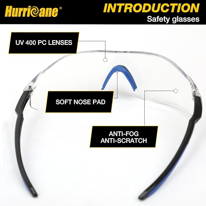 HURRICANE UV400 Safety Glasses, Clear Lens, Lightweight PC Glasses with Anti-Fog Feature