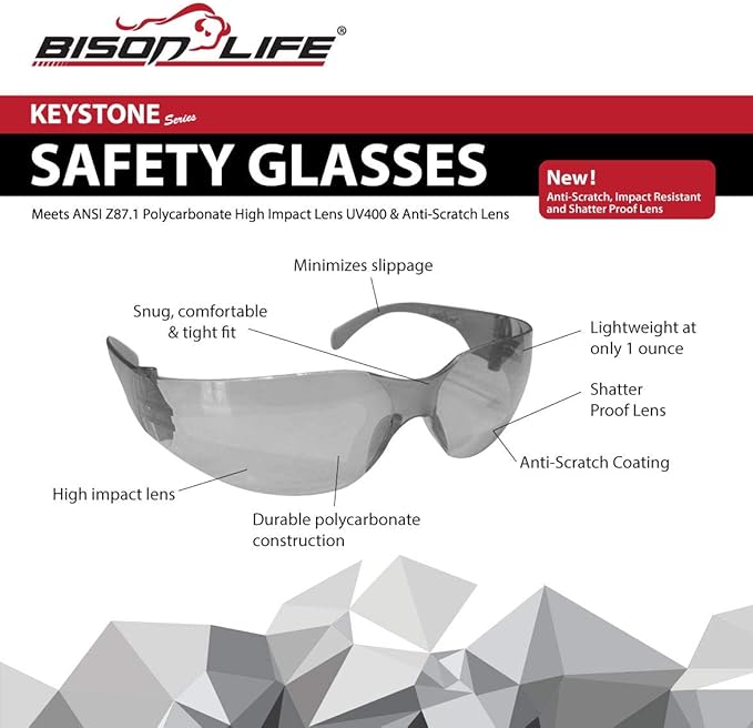 BISON LIFE Keystone Color Lens Safety Glasses | Anti Scratch | Impact Resistance | ANSI Z87.1 Standard | UV 400 Protection
