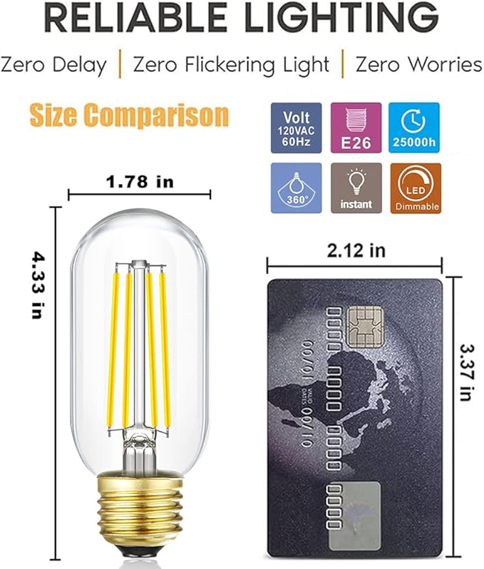 Leools E26 Edison Bulb 8W Equivalent E26 LED Bulb 100 Watt Dimmable Daylight 4000K E26 Light Bulb AC120V 800lm Tubular T14 LED Bulb for Pendant,Sputnik,Vanity,Chandeliers Pack of 6