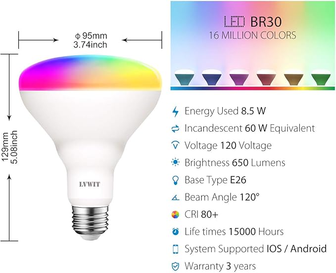 LVWIT Wi-Fi Smart Light Bulb Alexa, BR30 Smart LED, Work with Google Assistant, Smart Life App, Tuya App, 60W Equivalent, RGB Color Changing Light Bulbs (8.5W), No Hub Required, 2-Pack