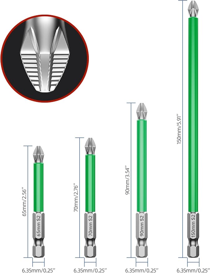 HUHAO 4Pcs High Magnetic Screwdriver Bit Set,S2 Alloy Steel Anti-Slip Drill Bit,1/4 Inch Hex Shank,Phillips Impact Screwdriver Bits Sets Waterproof Impact Batch Head for Electric Hand Tool