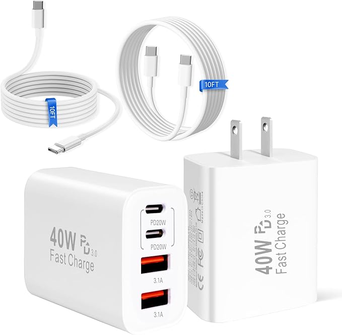 iPhone 17 16 Charger,40W Multiport USB C Charger Fast Charging Block,2Pack 4-Port Type C Phone Chargers 10FT Long Type C Charging Cable for iPhone 17 Pro/17 ProMax/17 Air/16 ProMax/16e/15 Pro/15 Plus