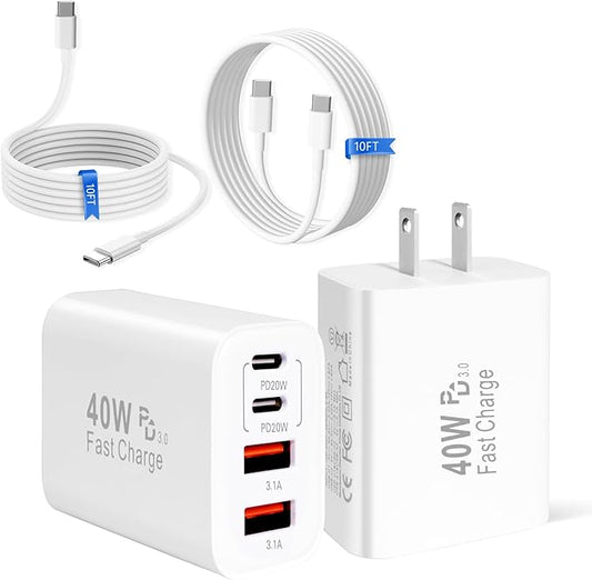 iPhone 17 16 Charger,40W Multiport USB C Charger Fast Charging Block,2Pack 4-Port Type C Phone Chargers 10FT Long Type C Charging Cable for iPhone 17 Pro/17 ProMax/17 Air/16 ProMax/16e/15 Pro/15 Plus