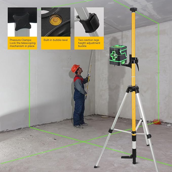 MOETER Telescoping Laser Level Pole with Tripod - 15.7ft/4.8M Laser Pole with Adjustable Bracket, 1/4"-20 & 5/8"-11 Thread Adapters for Rotary and Line Lasers