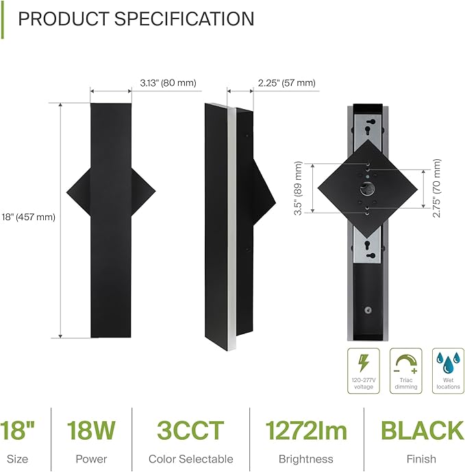 ASD LED 18" Long Wall Mount Light Fixture, Outdoor & Indoor Linear Sconce | 3CCT, Dimmable, Waterproof, Anti-Rust, ETL Listed | 18W 1200LM 3000-5000K 100-277V | Exterior Porch Lighting | Black