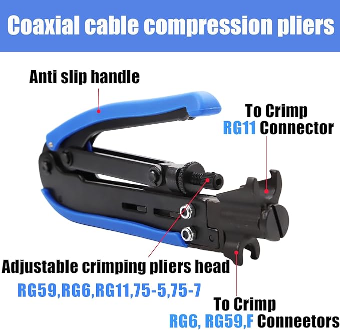 Coax Cable Crimper Kit Coaxial Compression Tool F RG6 RG59 RG11 75-5 75-7 Fitting Wire Coax Stripper 20PCS F Male And 10pcs Female Connectors