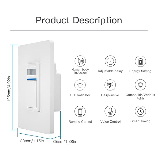 MOES Smart Motion Sensor Switch Single Pole, Needs Neutral Wire, Wi-Fi PIR Infrared Motion Activated Light Switch, Smart Life Tuya APP Remote Control Compatible with Alexa and Google, FCC Listed