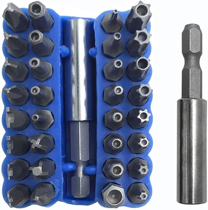 34 Pcs Screwdriver Bit Set with Magnetic Extension Bit Holder, FineGood Security Anti-Tamper SAE Metric Hex Tri-Wing Torq Spanner Star Bit - Blue