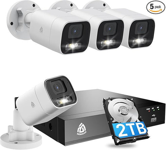 8CH Home Security Camera System, 8 Ports 4K NVR with 2TB HDD, 4 x 5MP Outdoor PoE IP Cameras, Person/Vehicle Detection, 2-Way Audio, Color Night Vision, Spotlight Siren, 24/7 Recording