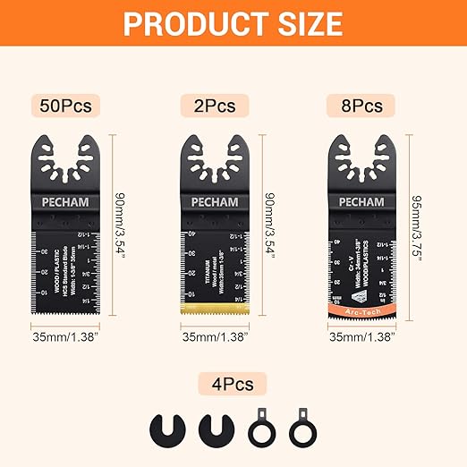 Oscillating Saw Blades, PECHAM 64PCS Professional Universal Titanium Multitool Blades for Wood Plastics Metal Quick Release Multi Tool Kits Fit Rockwell Ridgid Ryobi Milwaukee Chicago Craftsman