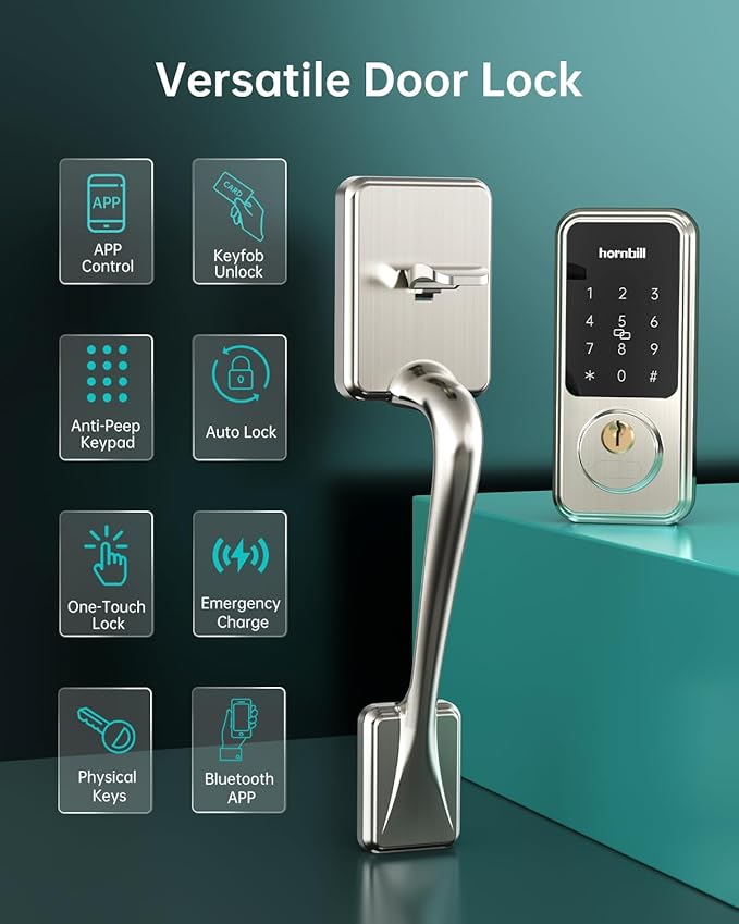 Hornbill Smart Front Door Lock Set, Keyless Entry Door Lock with Handle, Smart Deadbolt Keypad Lock, Alexa Front Door Handle Set, Bluetooth Digital Lock with APP/IC Cards/Auto Lock/1-Touch Lock/Keys