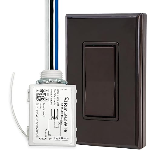 RunLessWire Single Pole Battery-Free DIY Wireless Light Switch Kit 150ft RF Range Self-Powered by Kinetic Energy for Fixtures & Outlets : 1 Remote Switch Controls 1 5A On/Off Receiver – Brown
