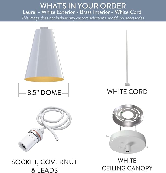 Steel Lighting Co. Laurel Pendant Light | Ceiling Mounted | 8.5 inch Cone Shade | Modern Contemporary Farmhouse Style Made in America | White Cord | White Exterior/Brass Interior