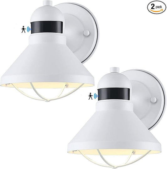LONEDRUID 2 Pack Motion Sensor Outdoor LED Porch Light Dusk to Dawn Exterior Wall Sconce White Outside Barn Lighting Fixtures Rustic Wall Mount Lantern for House Patio Garage Farmhouse Entryway