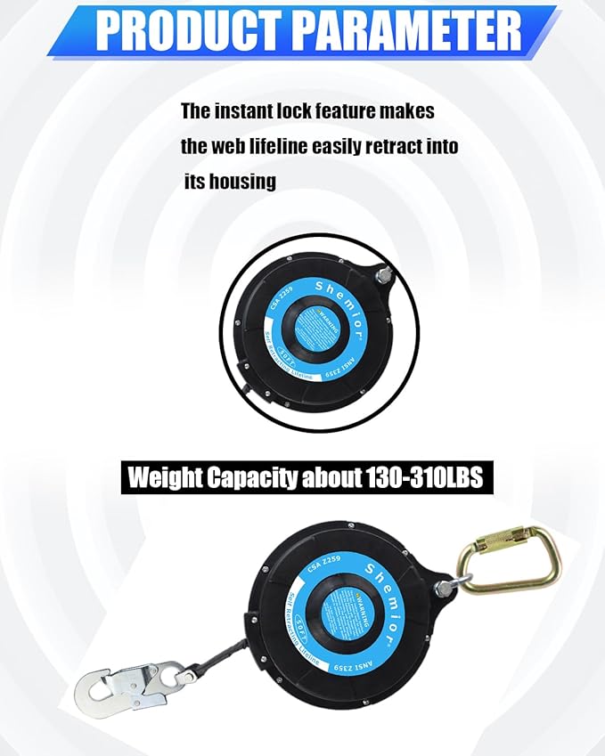 50FT Web Self Retracting Lifeline, No Tangle Lightweight Housing SRL, Self Retractable Safety Lanyard, Fall Arrest Protection PPE Gear for Roofing Construction, OSHA/ANSI Compliant