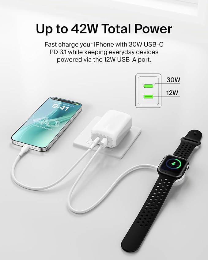 Belkin 42W Dual Port Charger Block, USB-C + USB-A Charger Super Fast Charging - Samsung Galaxy S25, Apple iPhone 16, 15, 14, 13, Pro, Pro Max, iPad, AirPods, Nintendo Switch 2 & More - White