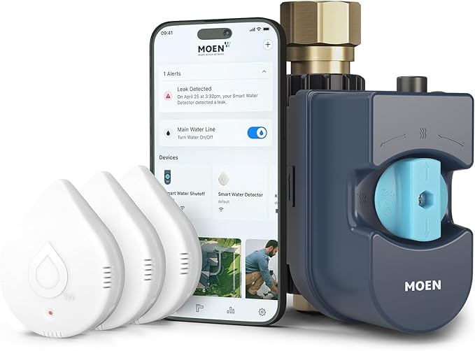 Moen 900-006 Flo by Moen 1-Inch Smart Water Shutoff with 920-005 Flo by Moen Smart Water Detector, 3-Pack