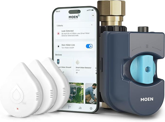 Moen 900-006 Flo by Moen 1-Inch Smart Water Shutoff with 920-005 Flo by Moen Smart Water Detector, 3-Pack