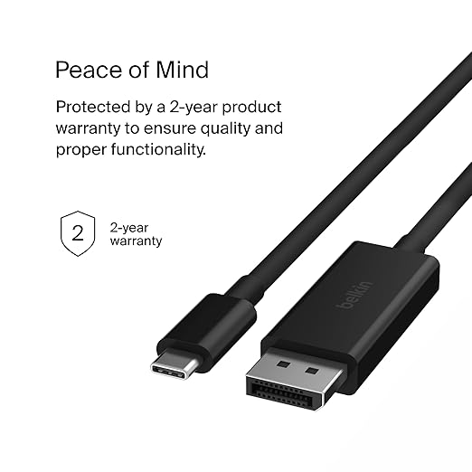 Belkin USB Type C to DisplayPort 1.4 Cable 6.6ft/2m, 32.4Gbps, 8K@60Hz or 4K@144HZ, with HBR3, DSC, HDCP 2.2, DP Alt Mode, Backwards Compatible, Works with Windows, MacOS, iPadOS, Android, and More