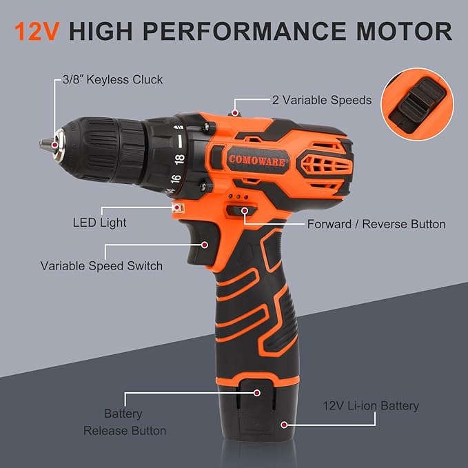 COMOWARE Cordless Drill Set, 12V Power Drill with Battery & Charger, 3/8" Keyless Chuck, 23Pcs Driver Bits Orange Storage Bag included