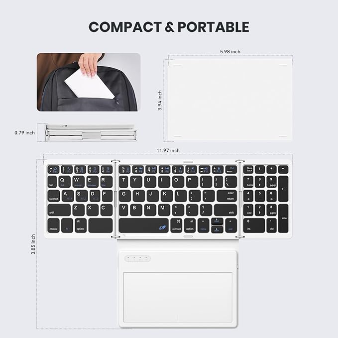 Foldable Bluetooth Keyboard, Portable Full Size Folding Keyboard with Large Touchpad, Numeric Keypad, PU Leather, Wireless TravelKeyboard for Windows iOS Android Mac(Black-White)