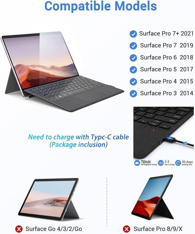 Surface Pro Keyboard, Magnetic Wireless Type Cover for Microsoft Surface Pro 7/6/5/4/3/7+, 7 Color Backlit Bluetooth 5.3 Ultra Slim Portable Keyboard with Trackpad Gray