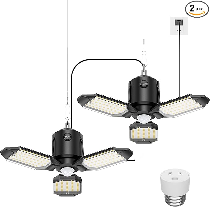 Garage Motion Sensor Lights Plug-in 2Pack, 8000LM Super Bright Motion Activated LED Shop Light, 360° Detection & Retractable Steel Wire, Indoor Motion Light Bulb for Attic/Barn