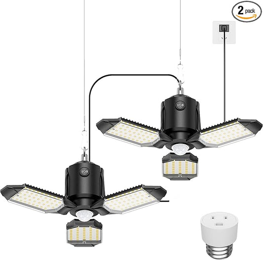 Garage Motion Sensor Lights Plug-in 2Pack, 8000LM Super Bright Motion Activated LED Shop Light, 360° Detection & Retractable Steel Wire, Indoor Motion Light Bulb for Attic/Barn