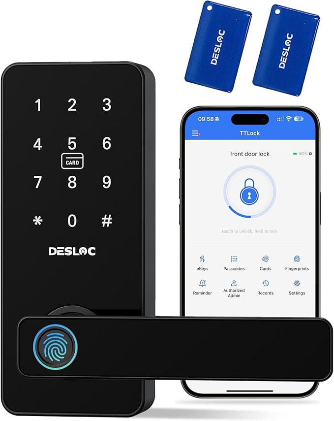 DESLOC B200L Fingerprint Smart Lock with Handle, Keyless Entry Door Locks, App Control, Touchscreen Keypad, 100 PIN Codes, Auto-Lock, 12-Month Battery, Emergency Power Port, IP54 (Black)
