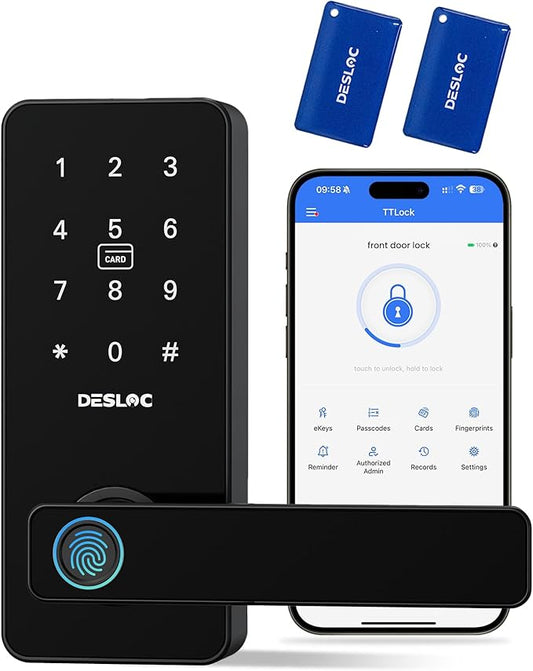 DESLOC B200L Fingerprint Smart Lock with Handle, Keyless Entry Door Locks, App Control, Touchscreen Keypad, 100 PIN Codes, Auto-Lock, 12-Month Battery, Emergency Power Port, IP54 (Black)