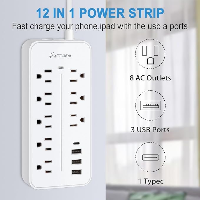 15FT Surge Protector Power Strip Extension Cord with USB C, Flat Plug Power Strip with Long Cord,8 Outlets and 4 USB Port,1700J Wall Mount Desk Multiple Outlets for Home Office White ETL Listed ﻿