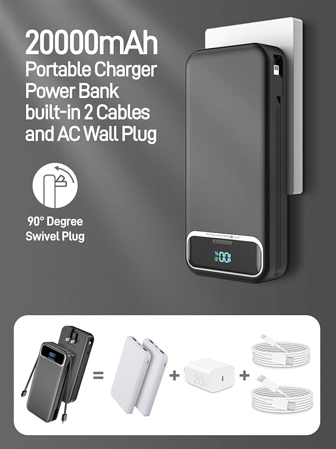 Portable Charger Power Bank with Built in Cables and AC Wall Plug,PD20W&SCP22.5W USB-C Super Fast Charging,20000mAh Travel Phone Charging,LED Display Battery Pack Compatible All iPhone Samsung etc