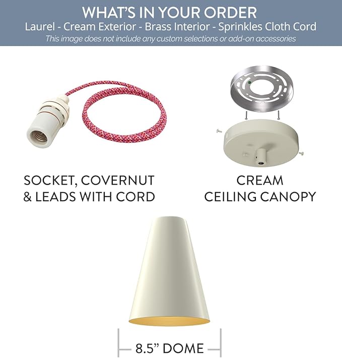 Steel Lighting Co. Laurel Pendant Light | Ceiling Mounted | 8.5 inch Cone Shade | Modern Contemporary Farmhouse Style Made in America | Sprinkles Cloth Cord | Cream Exterior/Brass Interior