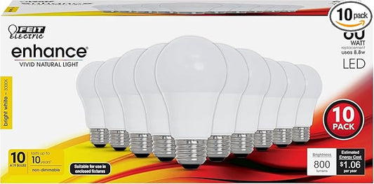 Feit Electric A19 LED Light Bulb, 60W Equivalent, Non Dimmable, 800 Lumens, E26 Medium Base, 3000k Bright White, CRI 90, 10 Year Lifetime, UL Listed, Damp Rated, 10 Pack, OM60/930CA10K/10