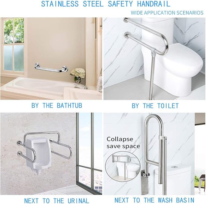 Handicap Bathroom Bar - 304 Stainless Steel Non-Slip Handrail for Disabled Toilet & Shower, Barrier-Free Safety Railing with Hand Grips