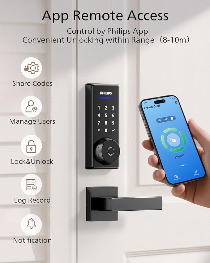 Philips Fingerprint Smart Lock, Keyless Entry Door Lock, Smart Door Locks for Front Door, Keypad Deadbolt, APP Control, 9-Month Long Battery