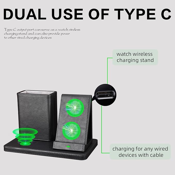 White Leather Pen Holder Desk Organizer with 3-in-1 Wireless Charger for Phone, Earbuds, Watch - Desktop Phone Stand,Birthday Gifts for Women,mom Gifts (Black)
