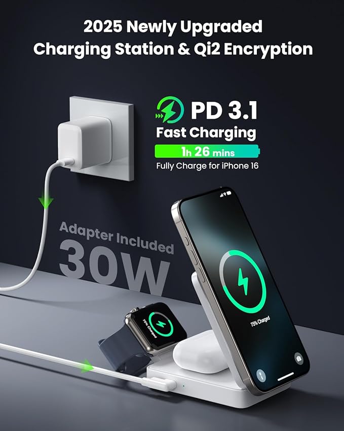 3-in-1 Wireless Charger Charging Station for iPhone, Qi2 Certified 15W Fast Charging Foldable Magnetic Charger Stand with 30W USB C Adapter for MagSafe iPhone 16/15/14/13/12, Apple Watch, AirPods