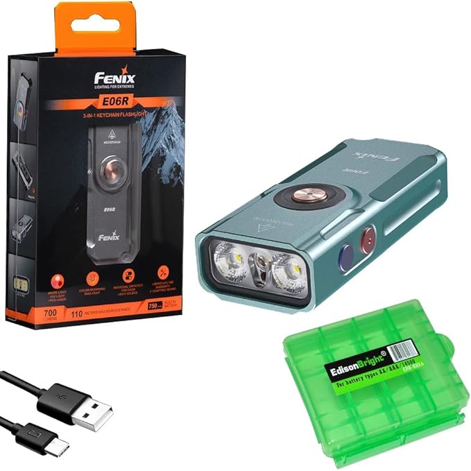 Fenix E06R 700 Lumen USB Rechargeable LED Keychain Flashlight/UV/Blacklight with EdisonBright Accessory case Bundle (Turquoise)