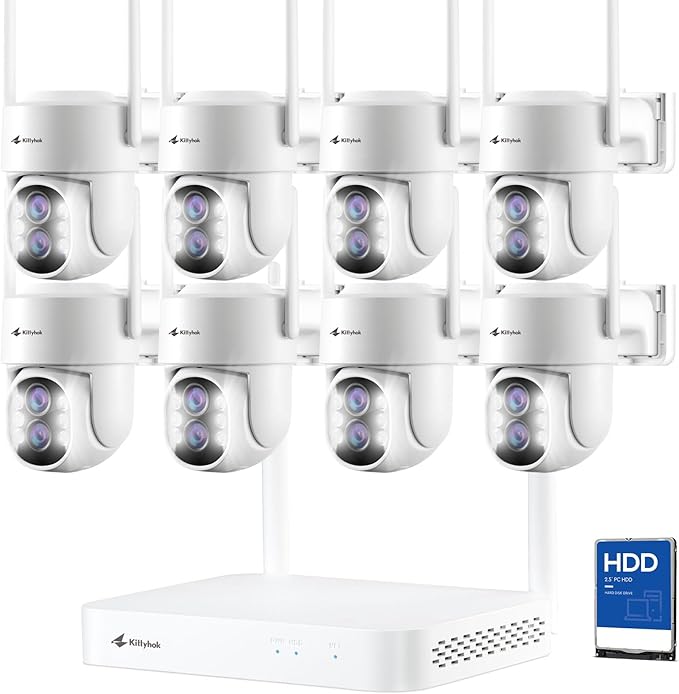 Kittyhok PTZ Security Camera Wireless Outdoor System | 8pcs 2K Wireless Outdoor Security Camera with 360° View, auto Tracking, Human Detection, and Spotlight | 10CH NVR, 500GB HDD for 24-7 Recording