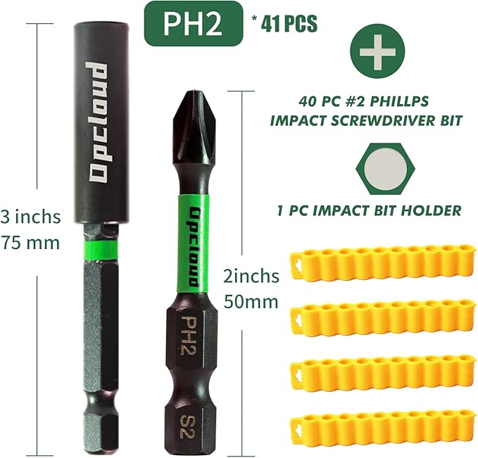 Impact #2 Phillips Screwdriver Bit Set, 41 Pieces 2”S2 Steel Magnetic PH2 Tips Driver Power Bit Set with Extension Impact Bit Holder