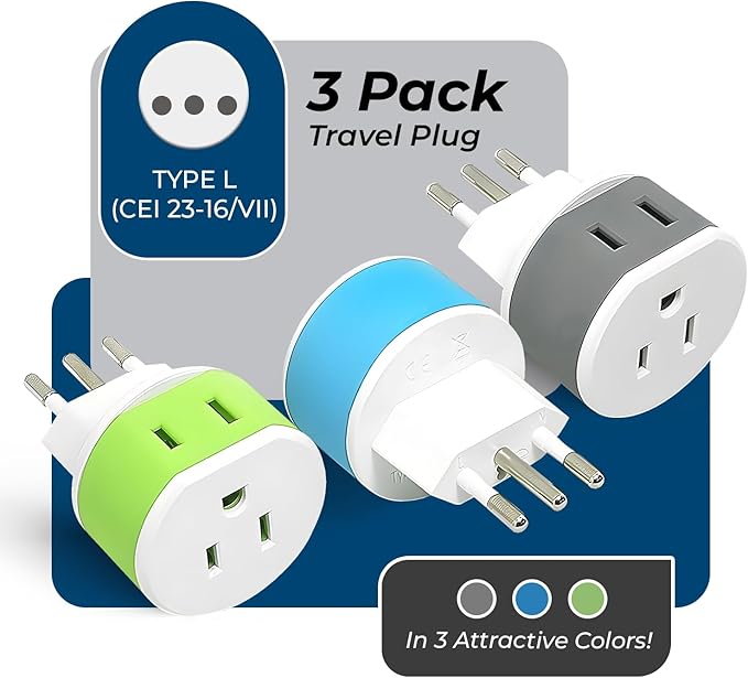 Orei Italy, Uruguay Type L Power Plug Adapter 3 Pack - 2 Usa Inputs, safe for cell phones, laptops, camera chargers, Cpap, and more US-12A