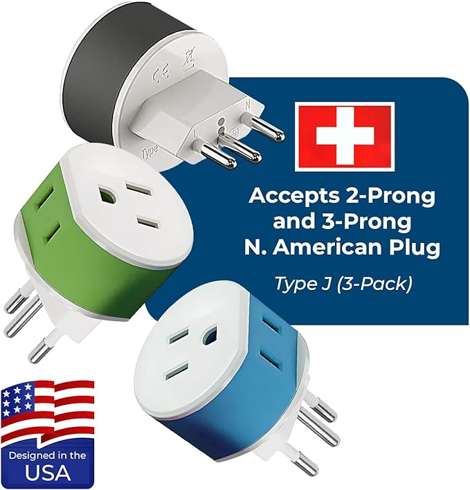 OREI Switzerland Power Plug Adapter with 2 USA Inputs - Travel 3 Pack - Type J (US-11A) Safe Grounded Use with Cell Phones, Laptop, Camera Chargers, CPAP, and More