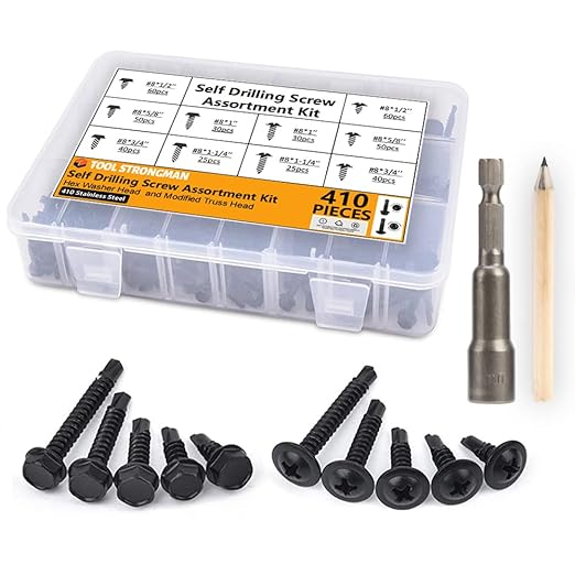410 Stainless Steel #8Self Tapping Screws Assortment Kit 410PCS,Self Drilling Modified Truss Head & Hex Washer Head Sheet Metal TEK Screws 1/2" to 1-1/4'' (1, Black, Hex Head & Truss Head 410 pcs)