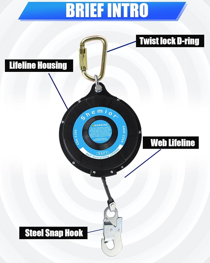 50FT Web Self Retracting Lifeline, No Tangle Lightweight Housing SRL, Self Retractable Safety Lanyard, Fall Arrest Protection PPE Gear for Roofing Construction, OSHA/ANSI Compliant