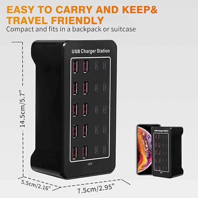 USB C Charger Block 100W USB C Charging Station, 20Port (20A) Multiple Charging Hub Desktop 10 Port USB Charger Compatible for Apple iPhone, iPad, Samsung, Pixel, Cell Phone, Tablets, Office Home Use