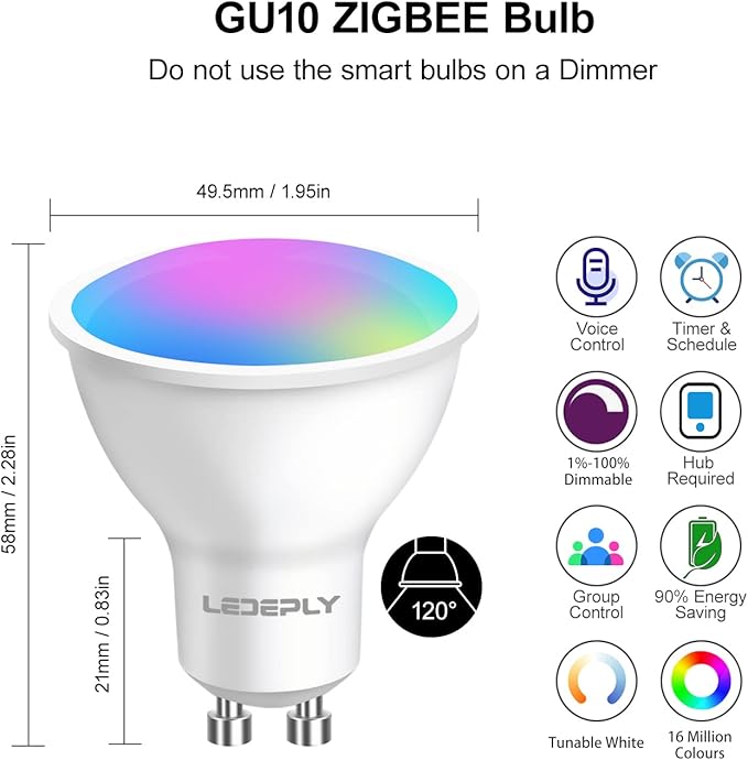 Zigbee GU10 Smart Bulbs, Compatible with Hu*e*, Alexa & Google & ConBee (Hub Required), 5W(50W), LED WiFi Bulb, Dimmable, Color Changing &Tunable White, LED Track Light Bulbs, 2 Pack